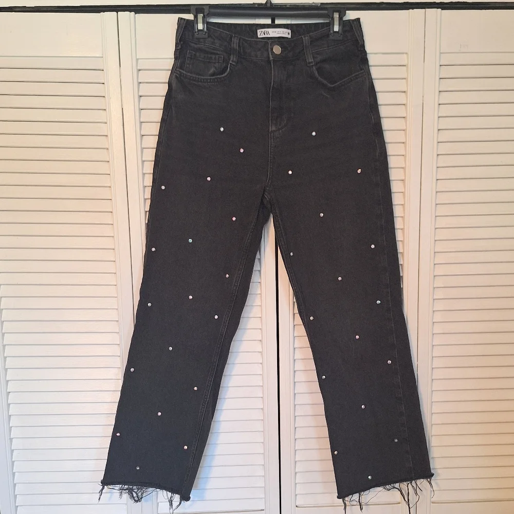 Zara Black Embellished Rhinestone Vintage Style Jeans Sz 6 *U - Picture 6 of 8